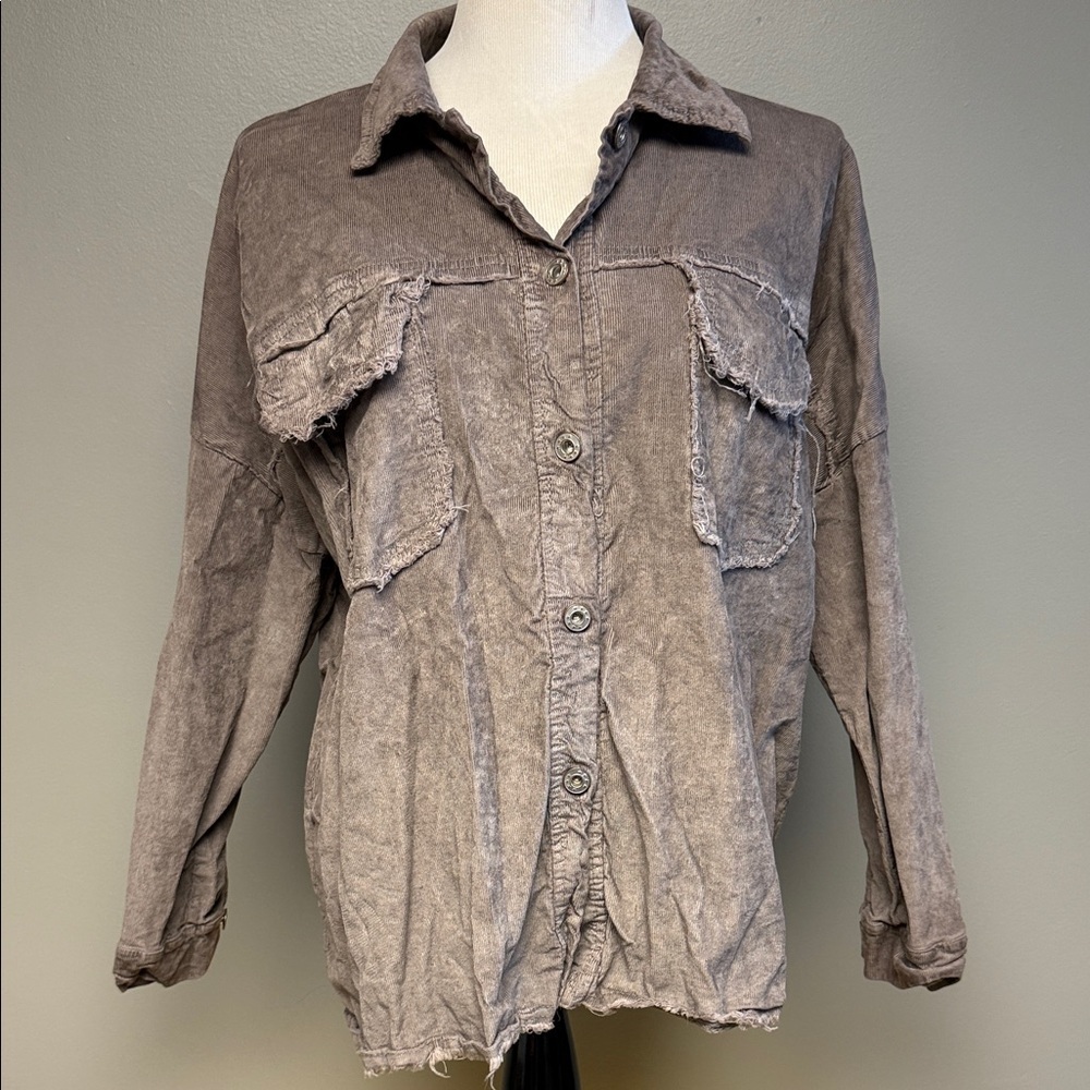 Venti6 Made in Italy Distressed Button Shirt Taupe L Raw Edge Cotton